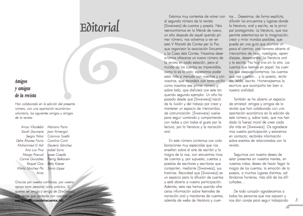 Maquetació de doble pàgina interior del número 2 de la revista Siwsiwez - Editorial